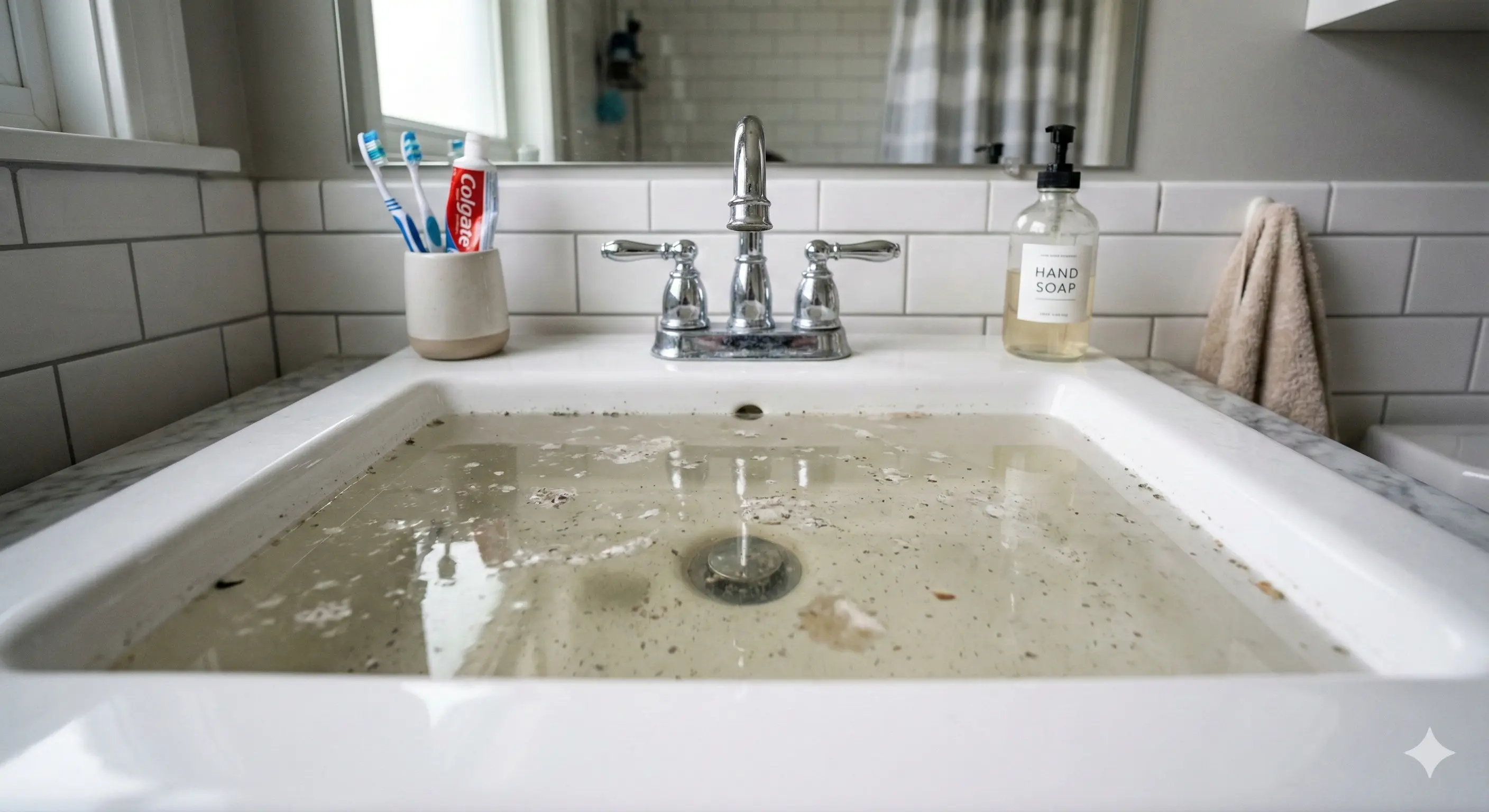 Handfat med stopp i avloppet och vatten som samlas