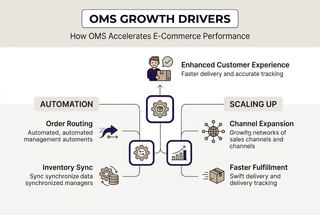 Infographic on OMS growth drivers and benefits