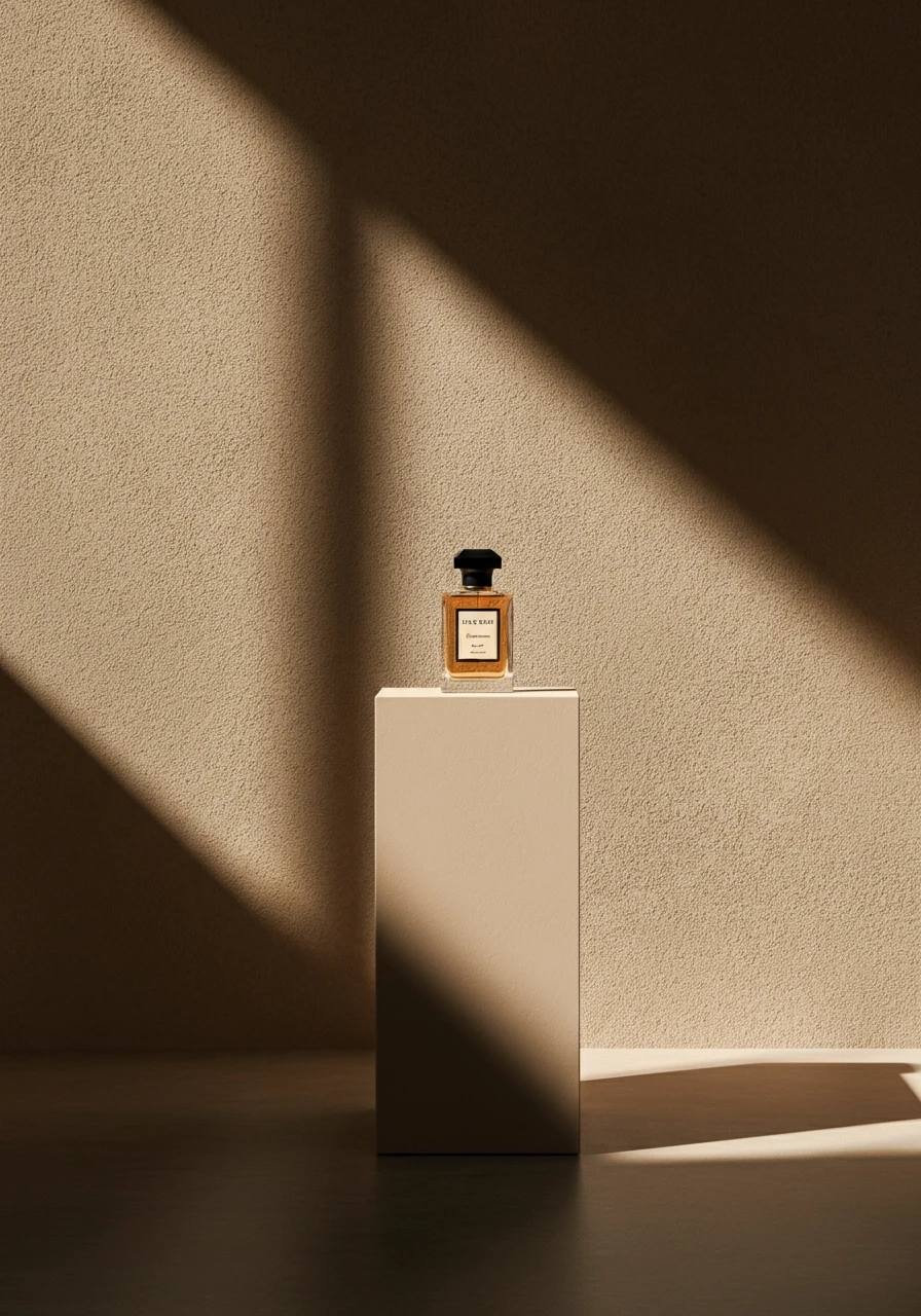 close-up view A modern art museum with a minimalistic and warm aesthetic. The scene features a pedestal in the center displaying an elegant perfume bottle as a work of art. The walls are textured in warm beige tones, and the floor is made of smooth, dark stone or polished cement. Soft natural light streams in through a large, unseen window, casting long, warm shadows across the floor and pedestal. The atmosphere is intimate and contemplative, with the perfume bottle illuminated gently by the sunlight, emphasizing its artistic significance. The background is clean and spacious, with no distractions, creating a harmonious and organic balance in the composition