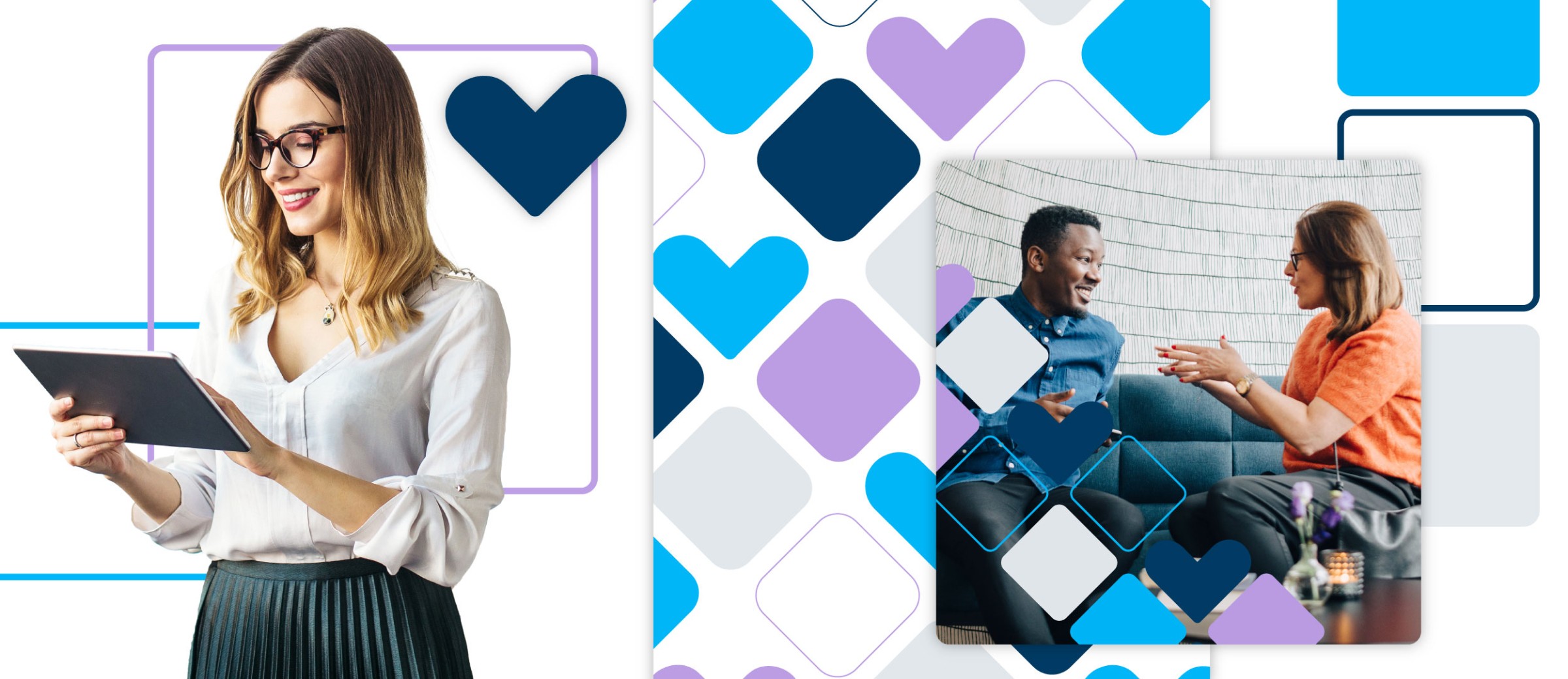 Giving Tuesday moodboard, with patterns, heart shapes and squares overlapped.