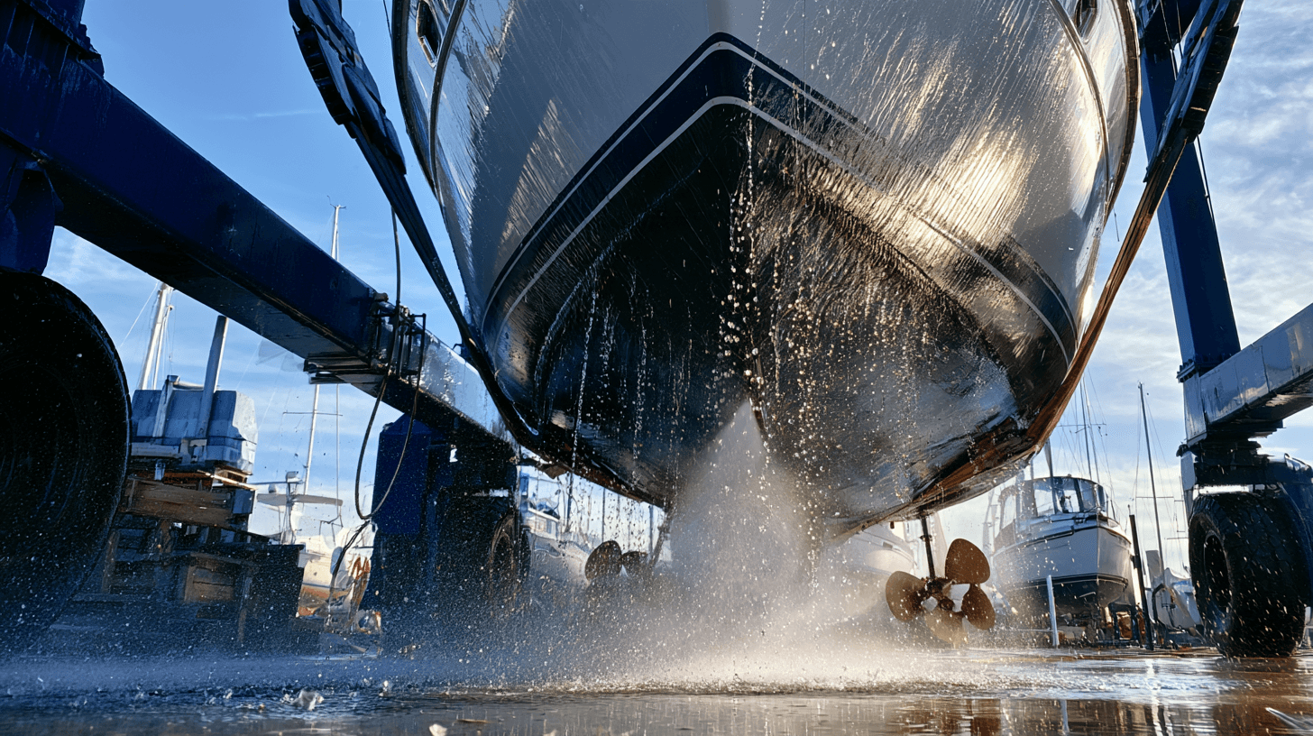 A cruiser hanging in Travelift slings as a pressure washer sprays the bottom paint