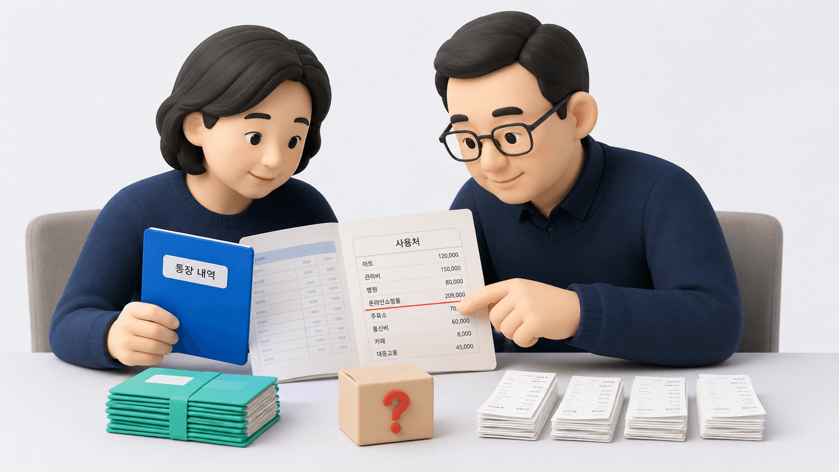 식탁에서 통장 내역을 함께 짚어 보는 두 사람과 물음표가 붙은 상자