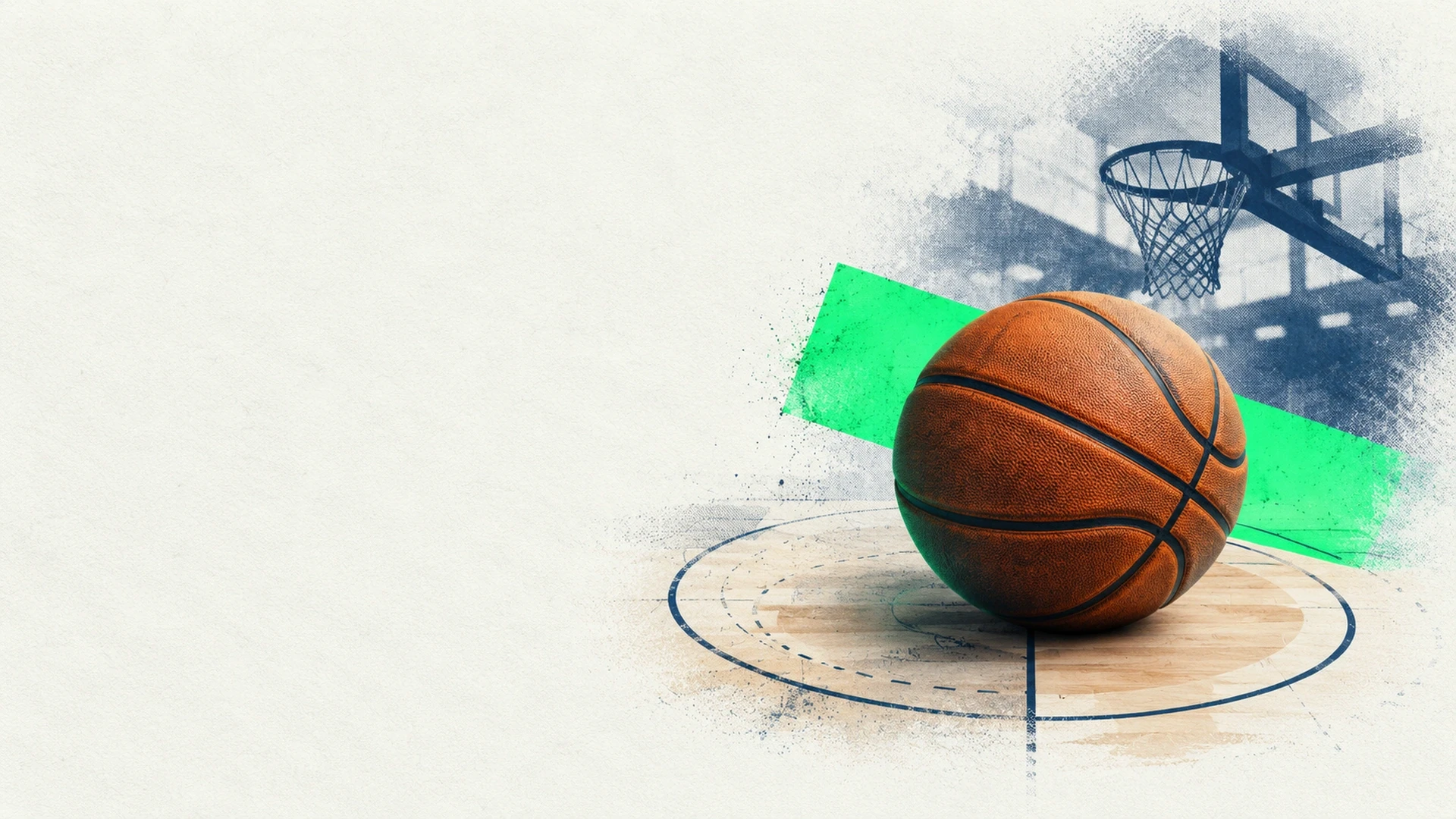 Editorial illustration of a basketball and hoop on a textured paper background