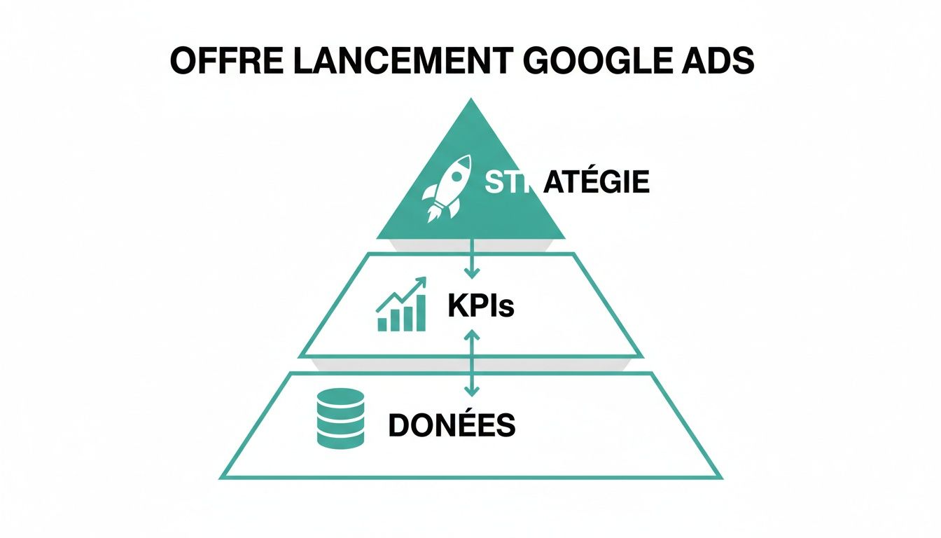 Description d'une pyramide de lancement Google Ads, illustrant la hiérarchie entre données, KPIs et stratégie. Un processus clair pour le succès.