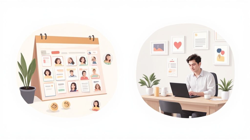Group of remote employees collaborating on a project from different locations, looking focused and engaged.