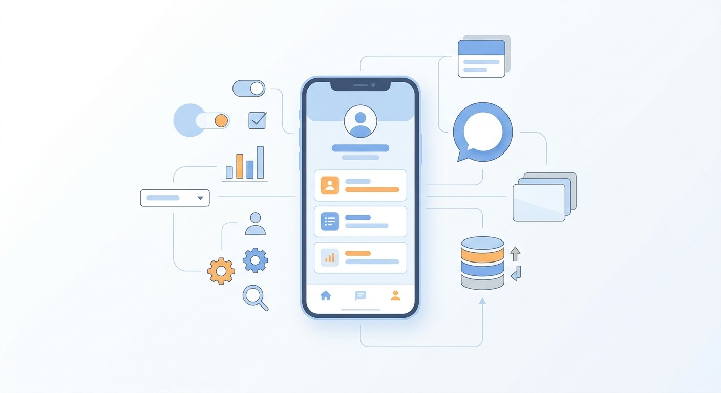 Illustration of a mobile app being assembled from UI blocks and a connected database