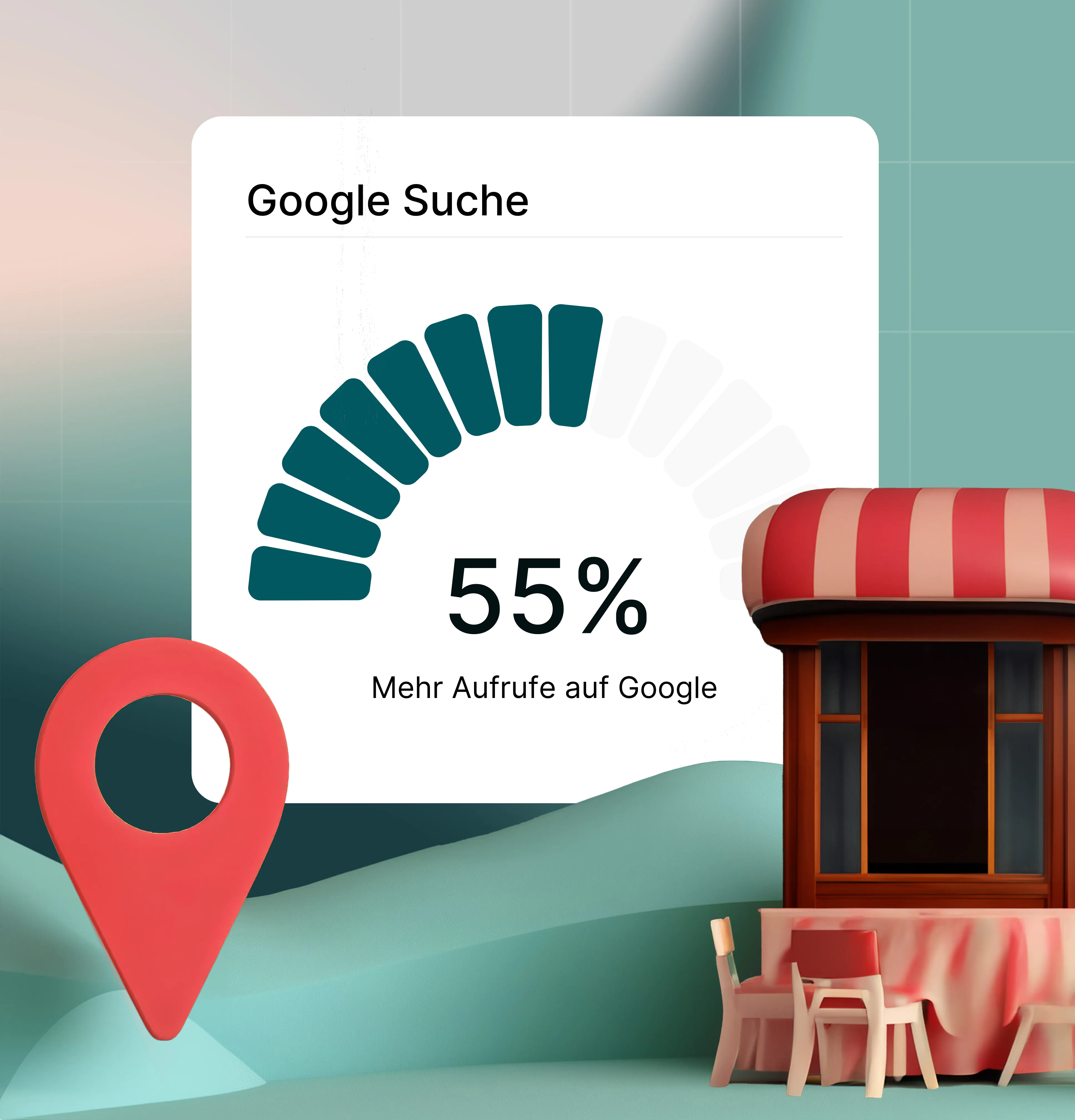 A gauge indicates a score of 55%, with a pin icon and an image of a small shop in the foreground.