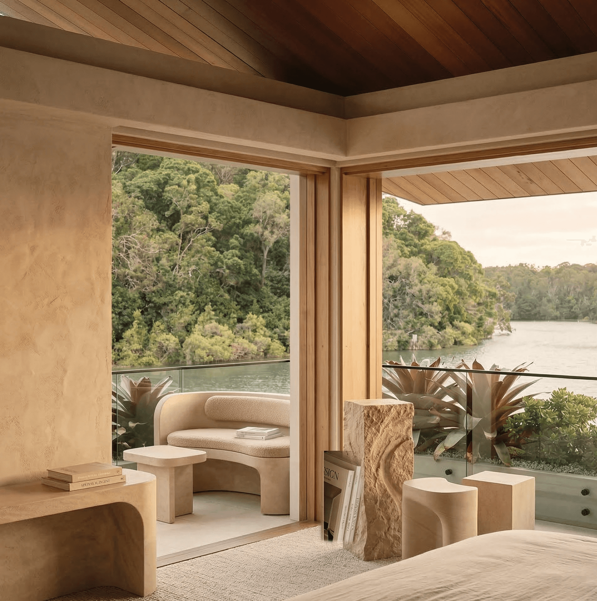 Terracotta corridor with geometric arches, diffuse sunlight, and textured stucco surfaces.