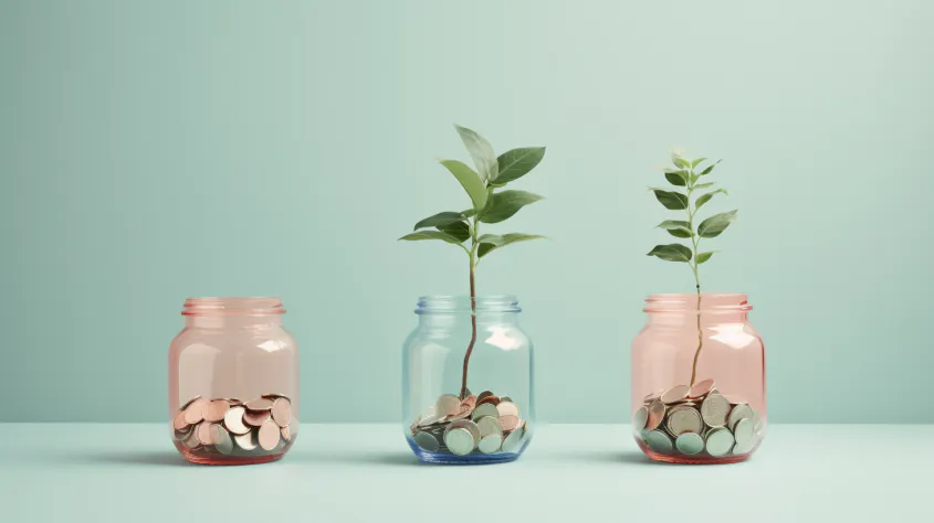 Three jars of change, including two with plants growing from them, sit on a surface