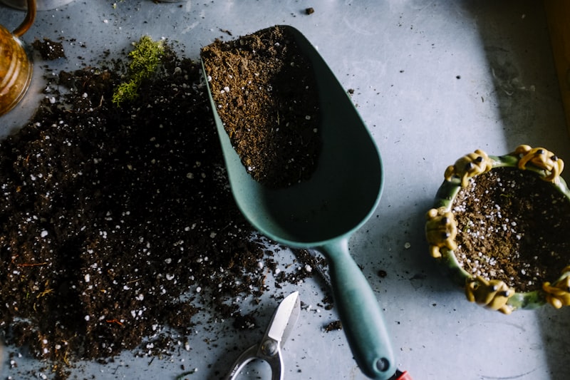 trowel holding potting mix