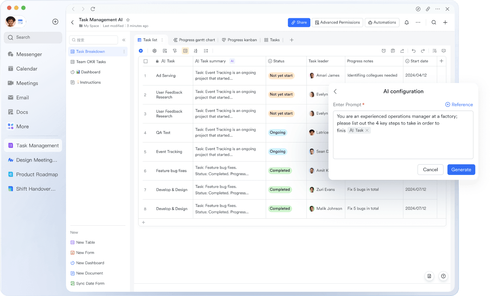 Screenshot of Lark's task management AI screen