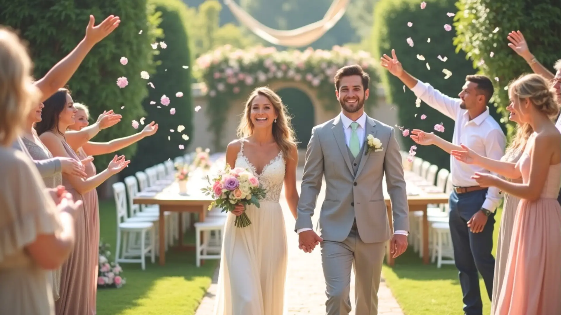 Bride and groom walking down the aisle outdoors, smiling as guests toss flower petals during a joyful wedding celebration.