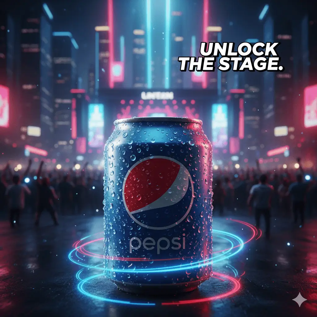 AI-generated Pepsi commercial campaign featuring neon advertising concept, blue and red Pepsi can with "UNLOCK THE STAGE" tagline against cyberpunk neon cityscape with concert crowd atmosphere by Mahendra