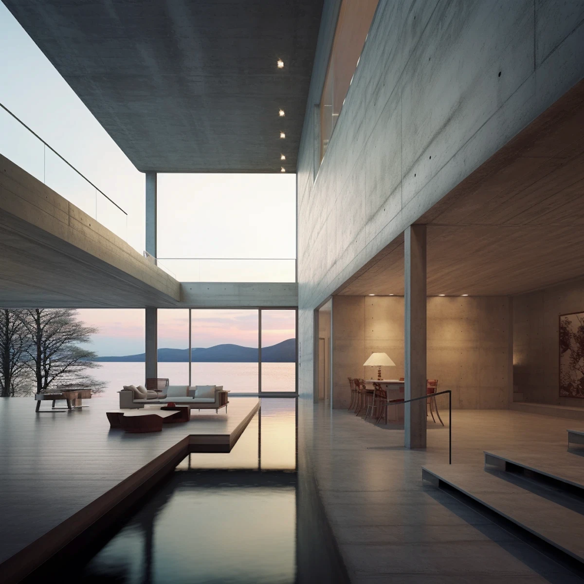 Luxury open-concept villa interior with double-height ceilings, warm ambient lighting, and ocean views.