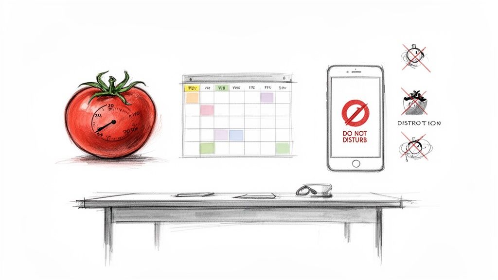 Illustration of productivity and time management tools: a Pomodoro timer, calendar, and a 'do not disturb' phone.