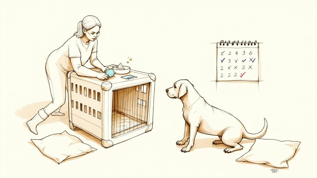 Woman preparing dog crate with training calendar showing pet relocation preparation schedule