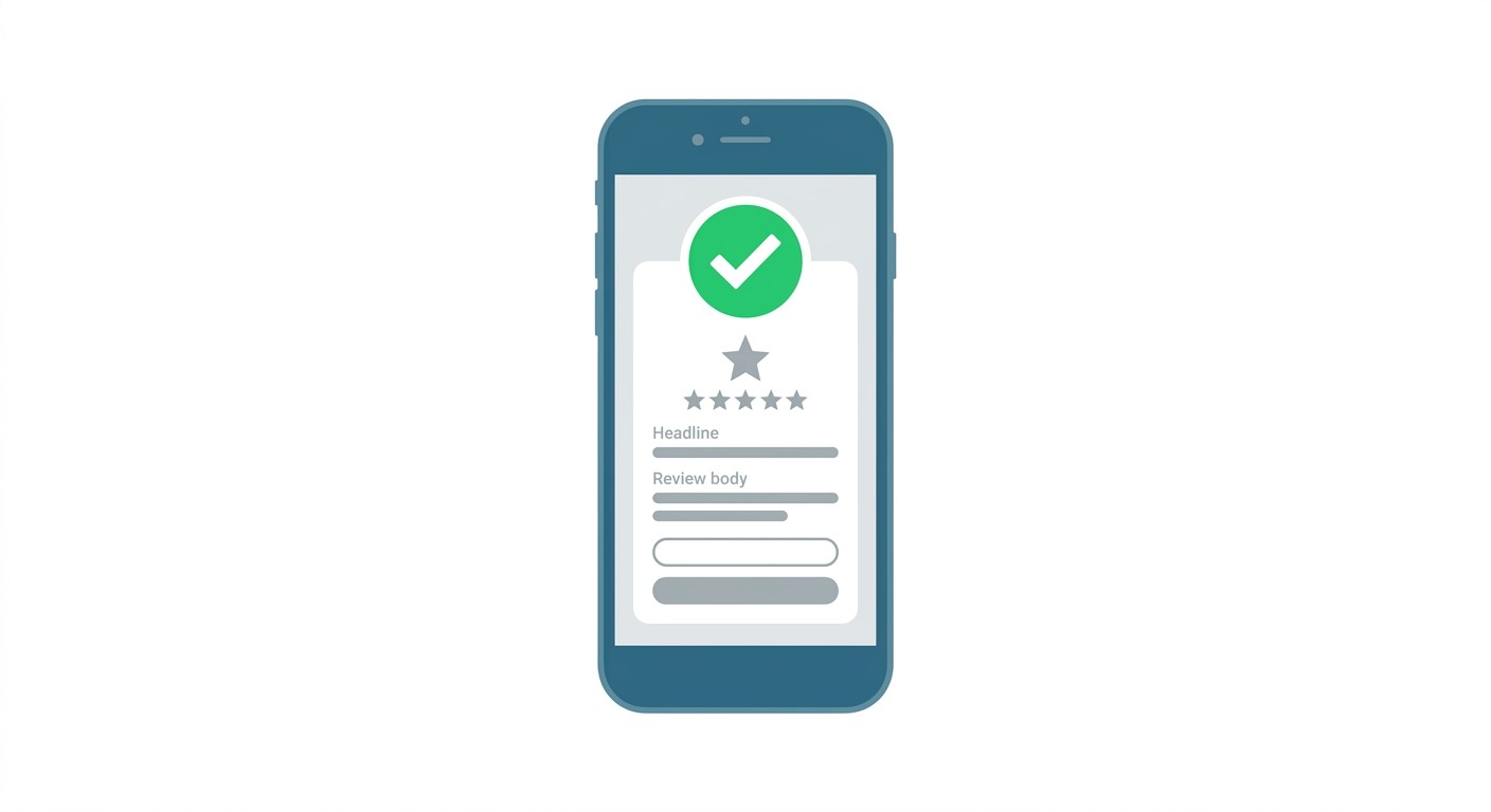 Smartphone showing an app store review screen with a green checkmark approval badge.