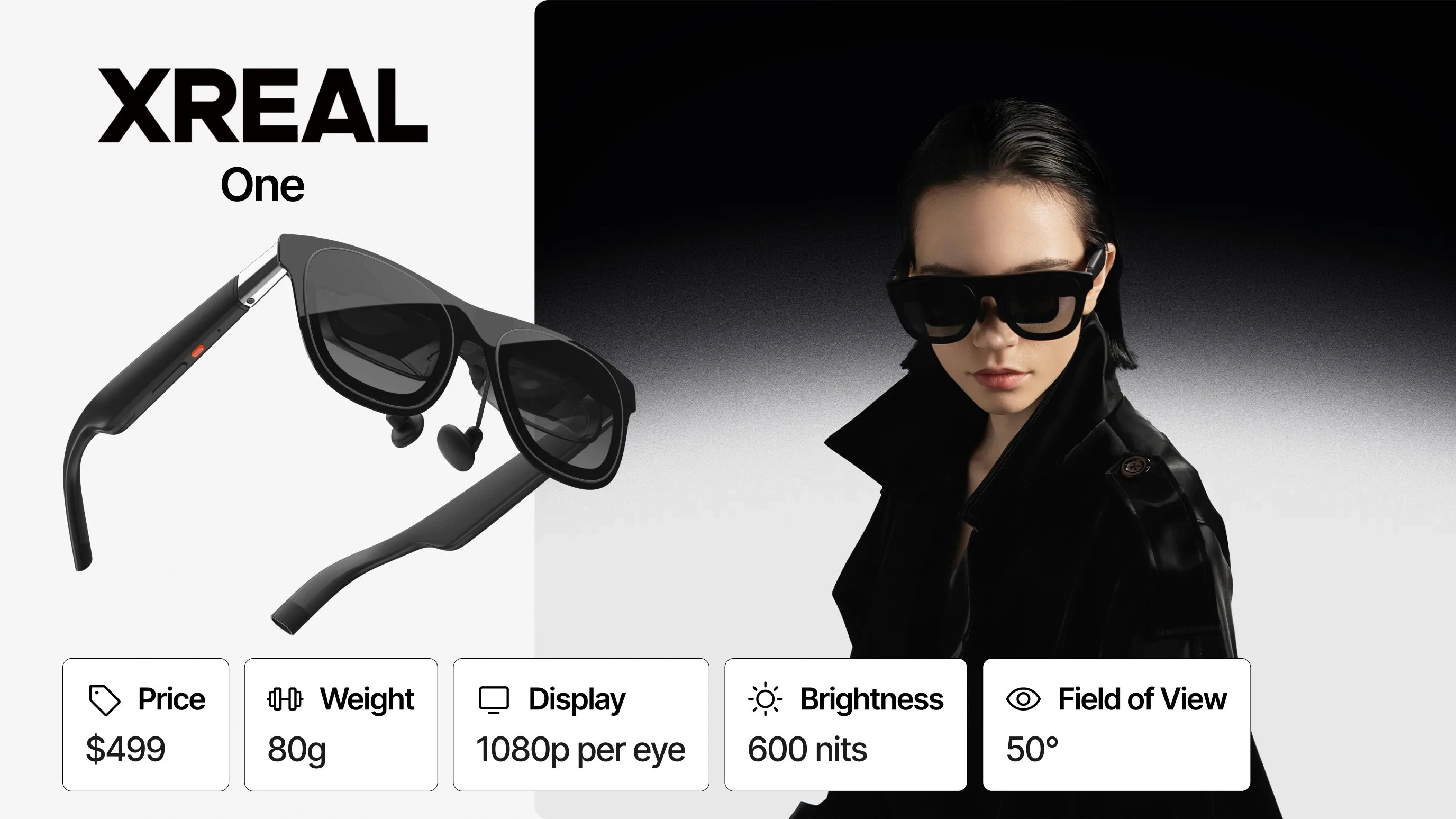 XREAL One AR glasses product overview: price $499, weight 80g, 1080p per eye display, brightness 600 nits, 50-degree field of view