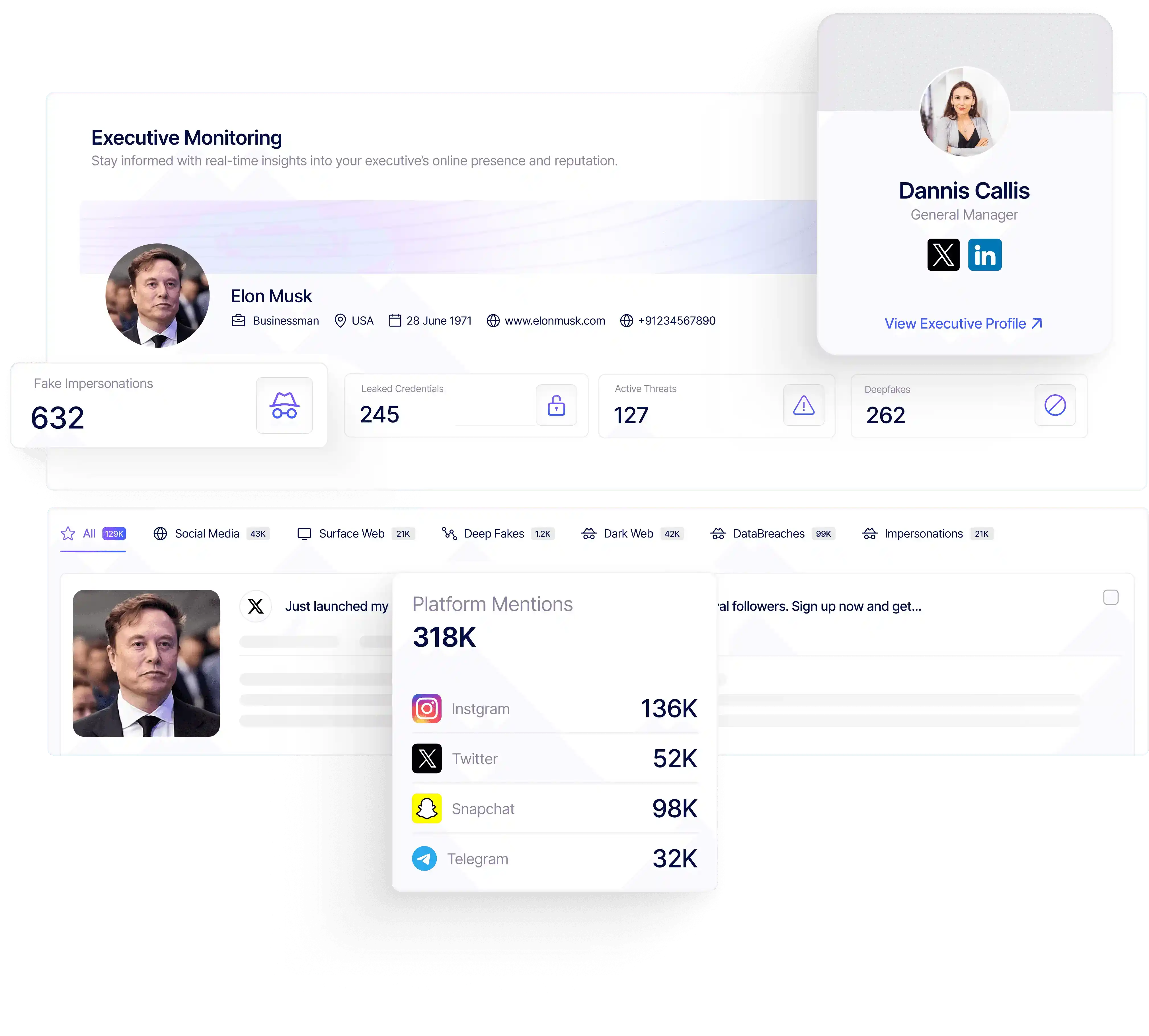 RiskProfiler executive monitoring showing impersonations and social media mentions