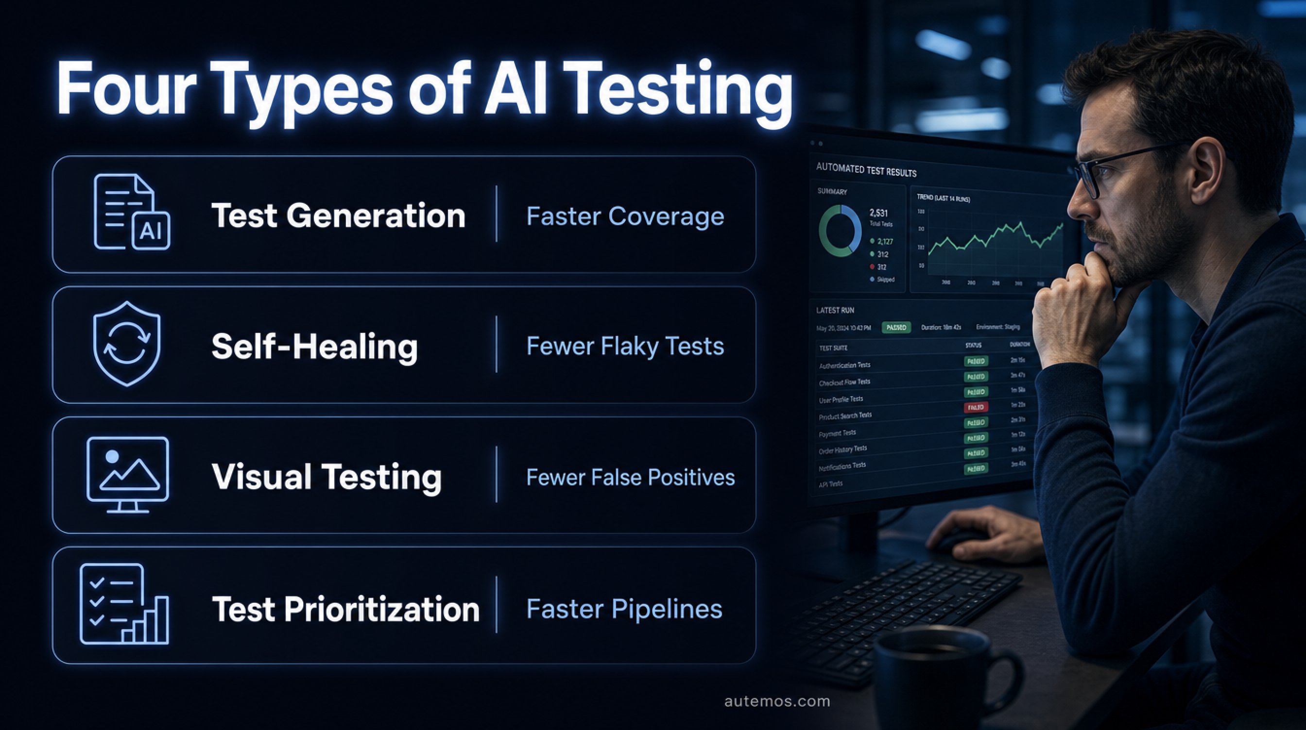 Four types of AI testing as a list with benefits.
