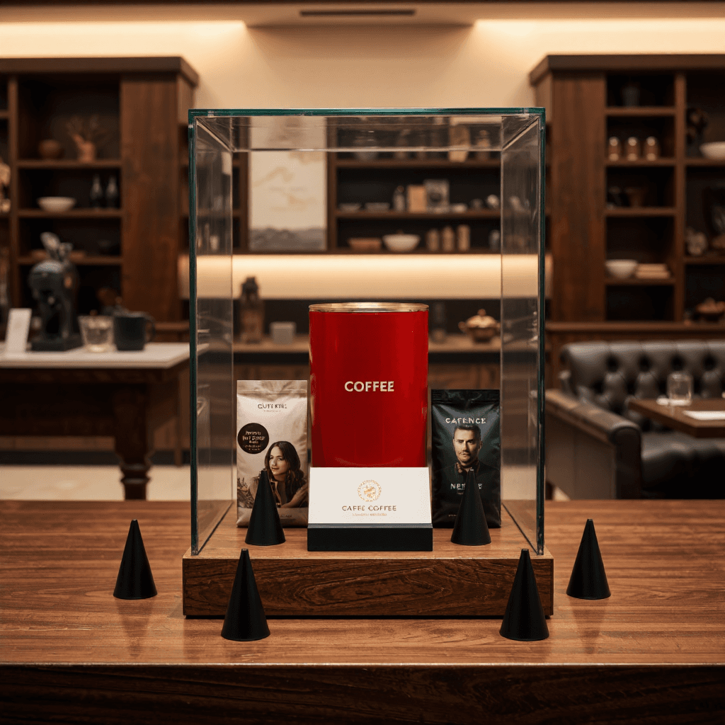 product photography of display case featuring a coffee can and promotional items