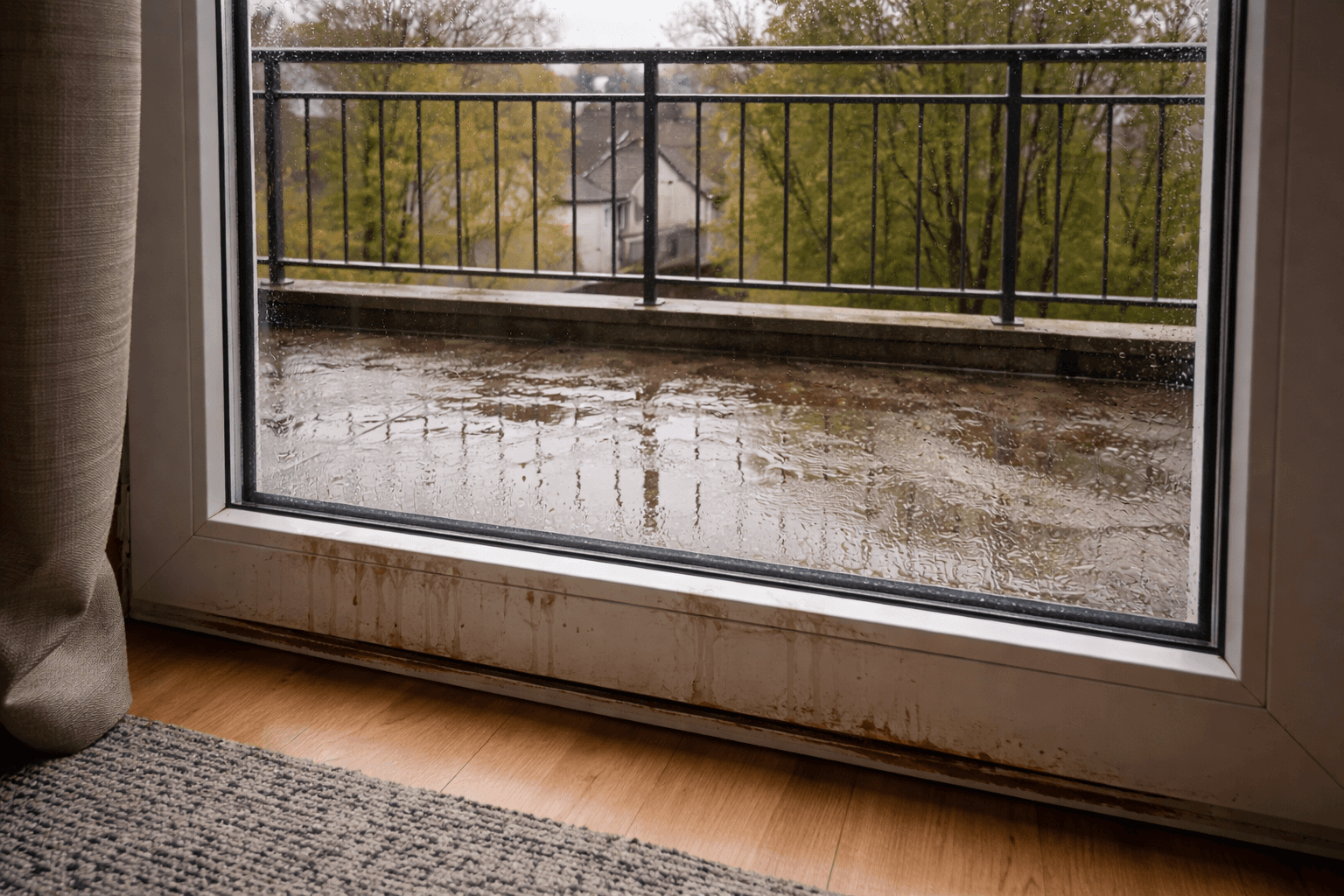 undichter balkon in mettmann während eines regenschauers
