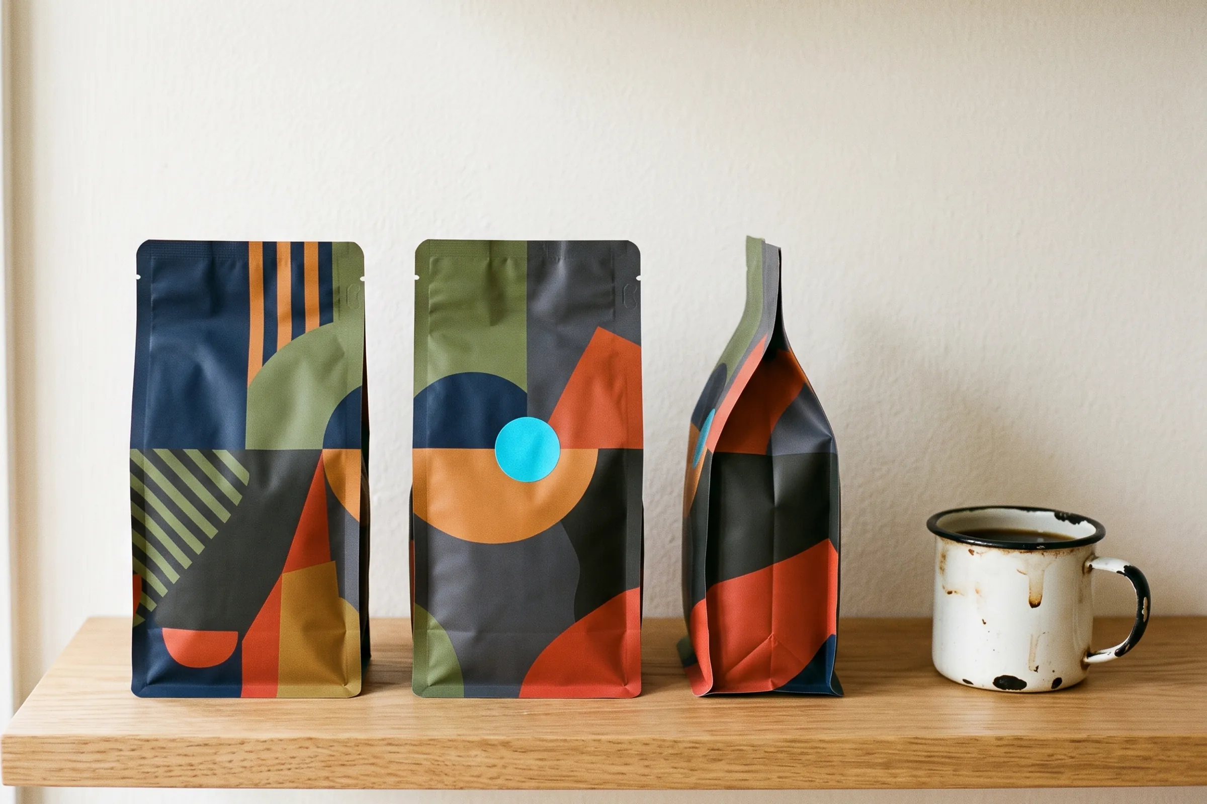 Three coffee bags with bold geometric packaging on a shelf