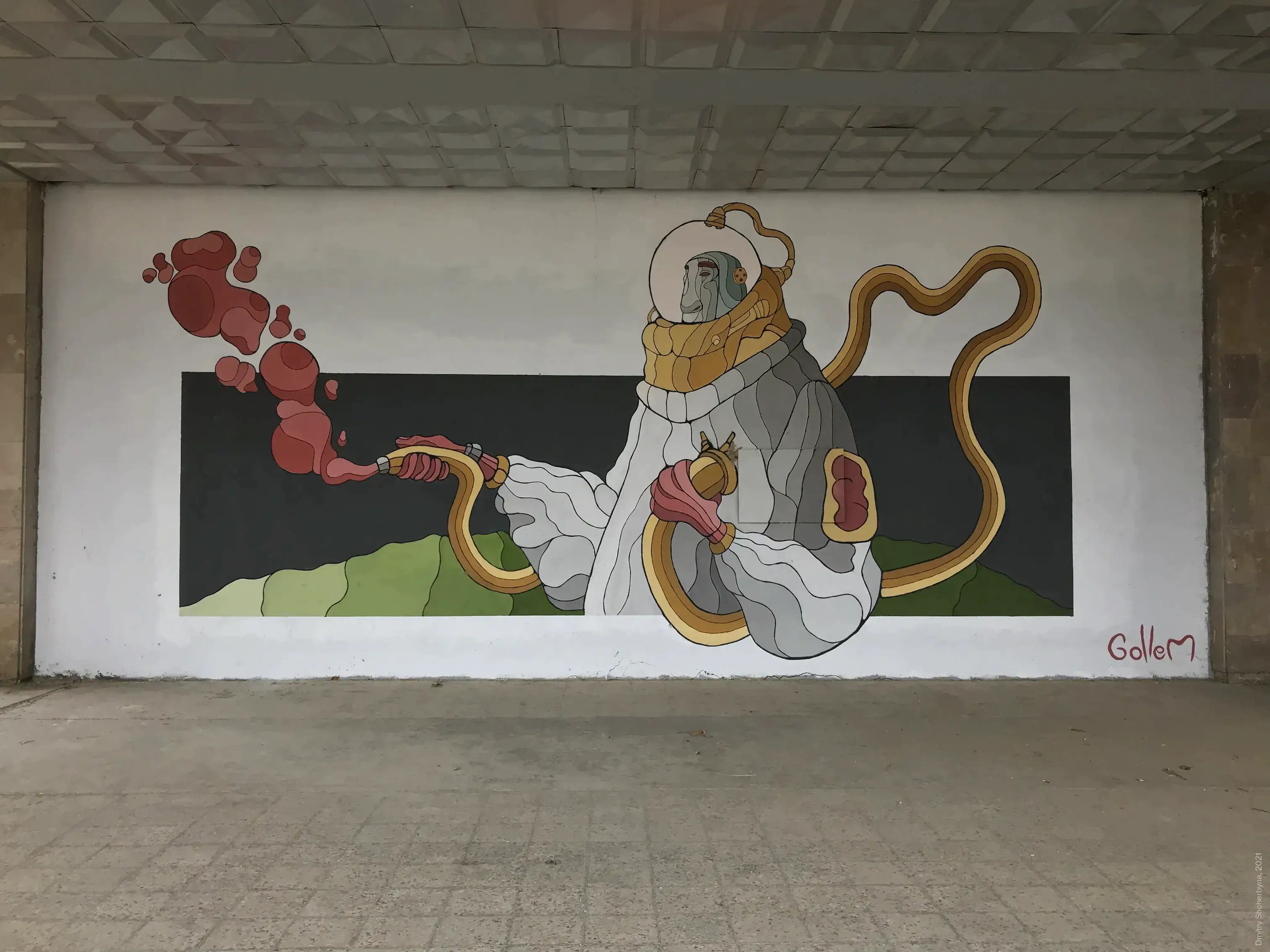 A mural depicting a robed figure wearing a round helmet or diving bell. He is holding a hose that is connected to the heart and emitting red bubbles.