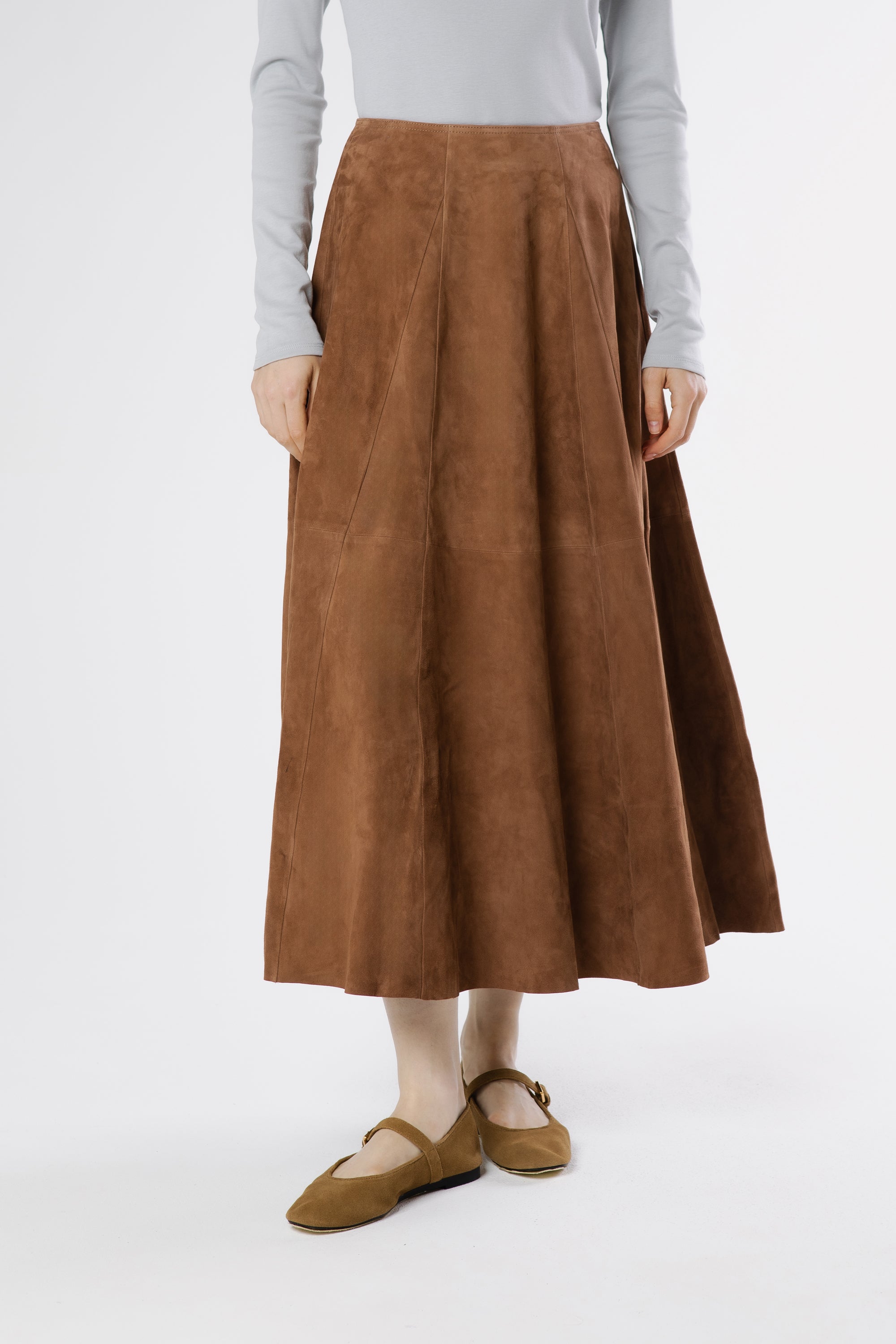 Alena suede midi skirt in moca color front view, elegant luxury women’s skirt