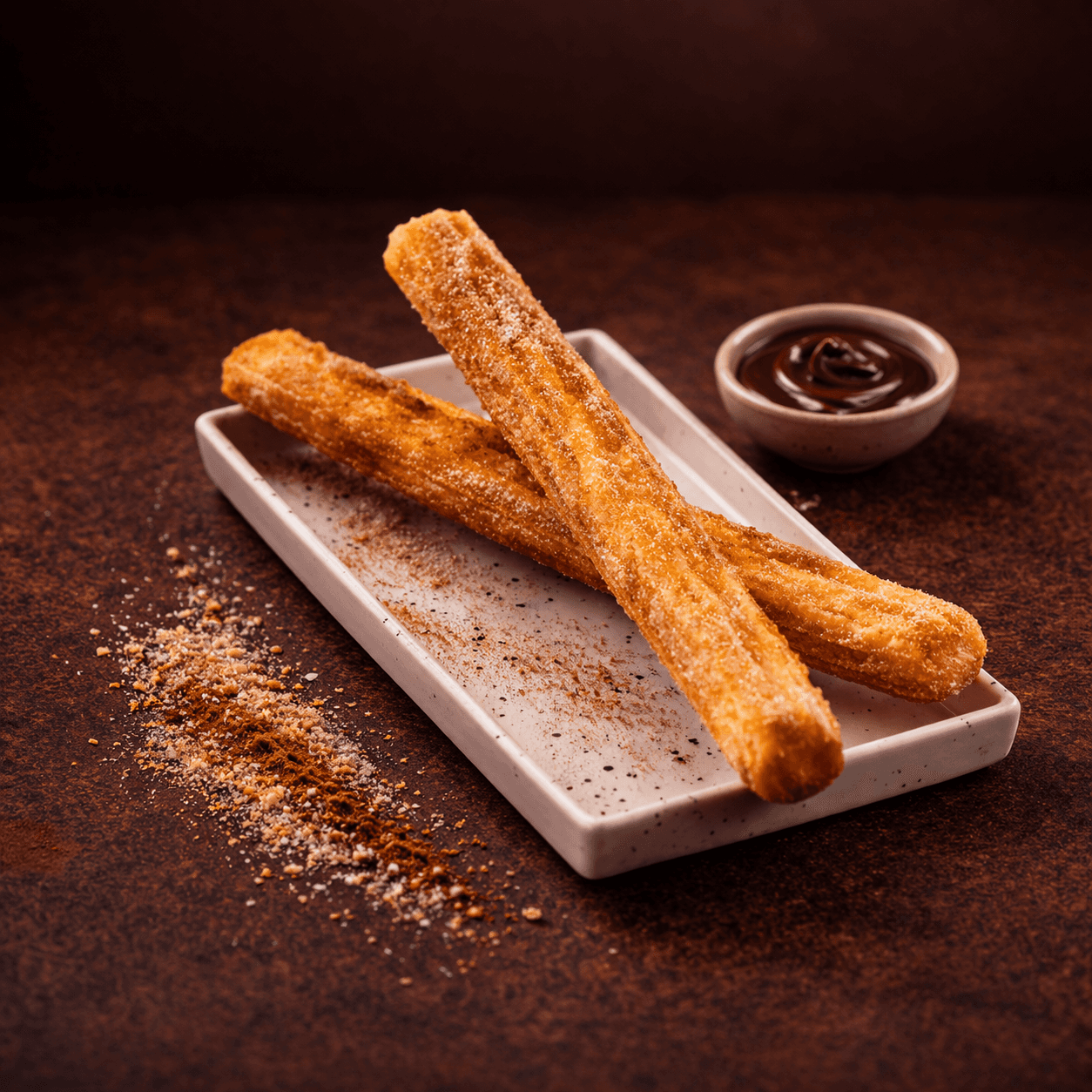 Churro golden pastry sticks coated in cinnamon sugar served with chocolate dipping sauce at Café Sherpa's café in Brookfield, WI. Crisp, warm, and made fresh daily.