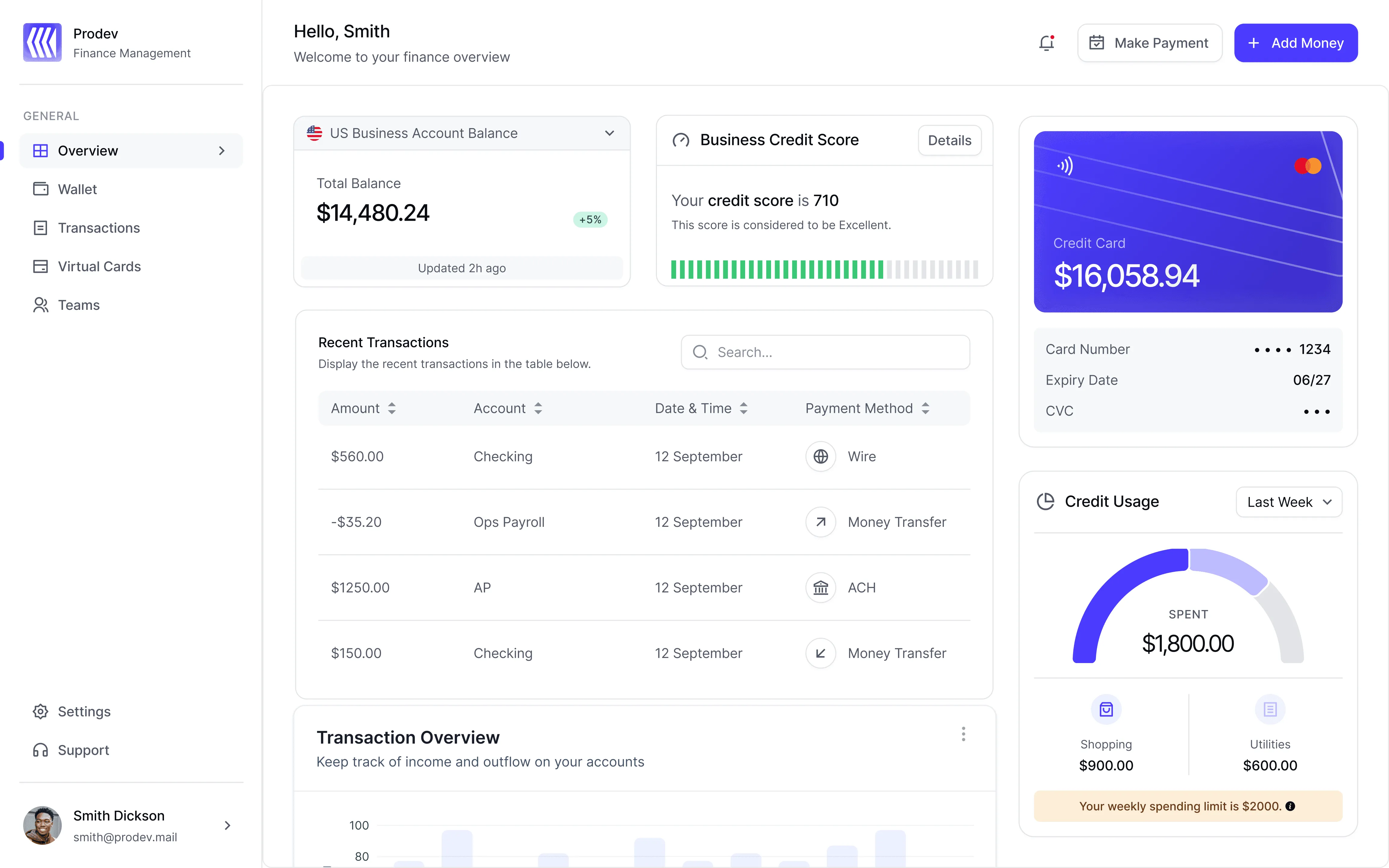 Finance dashboard showing account balance, credit score, and credit card summary in a web app interface.