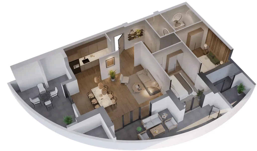 Spacious 2BR unit with large kitchen, dining area, and dual terraces.
