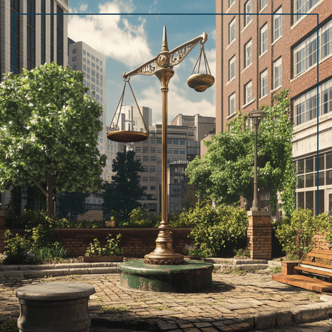 Eine übergroße, altmodische Waage auf einem Platz in der Stadt