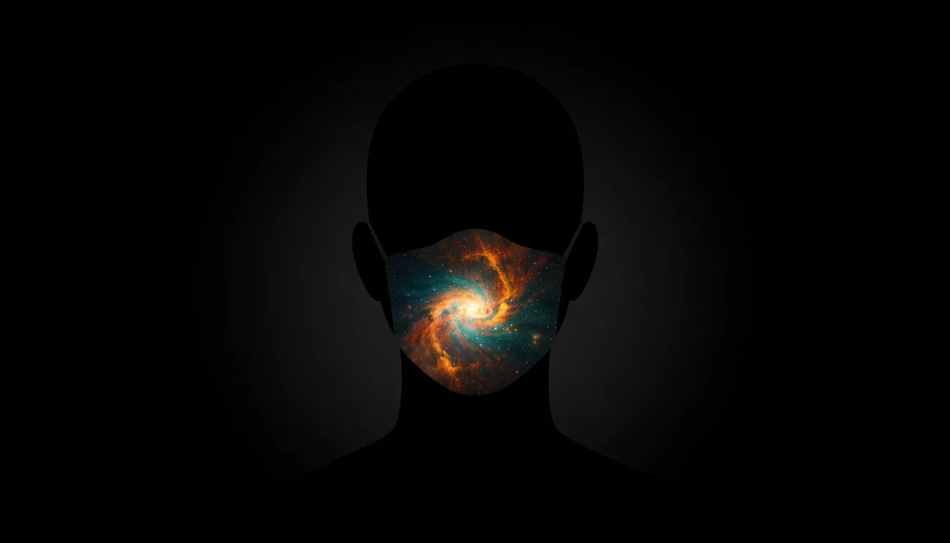 Minimalist conceptual graphic art, a solid black silhouette of a human head and shoulders, centered on a deep black background. A protective face mask is overlaid on the face, and within its shape is a vibrant, high-resolution image of a cosmic nebula, featuring glowing interstellar clouds of orange, gold, and teal gas. The style is high-contrast with clean, sharp edges, creating a double exposure effect.