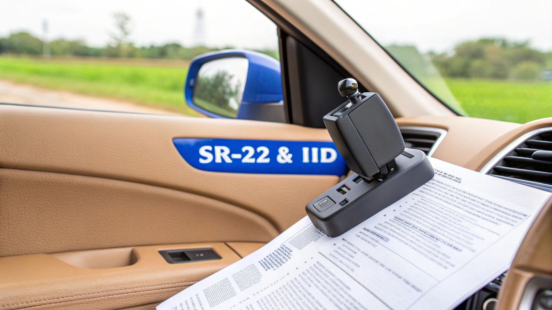 Car interior showing an Ignition Interlock Device (IID), SR-22 insurance label, and documents.