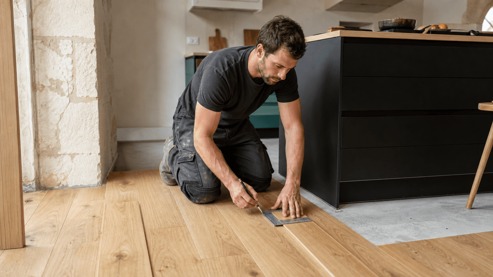 Artisan préparant une découpe de parquet précise autour d’un îlot de cuisine