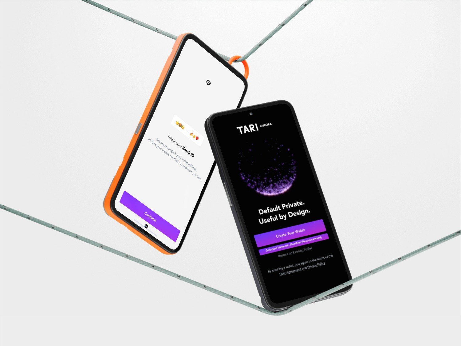 Onboarding introduces users to Aurora's emoji address system through a simple, welcoming flow that makes the concept immediately understandable.