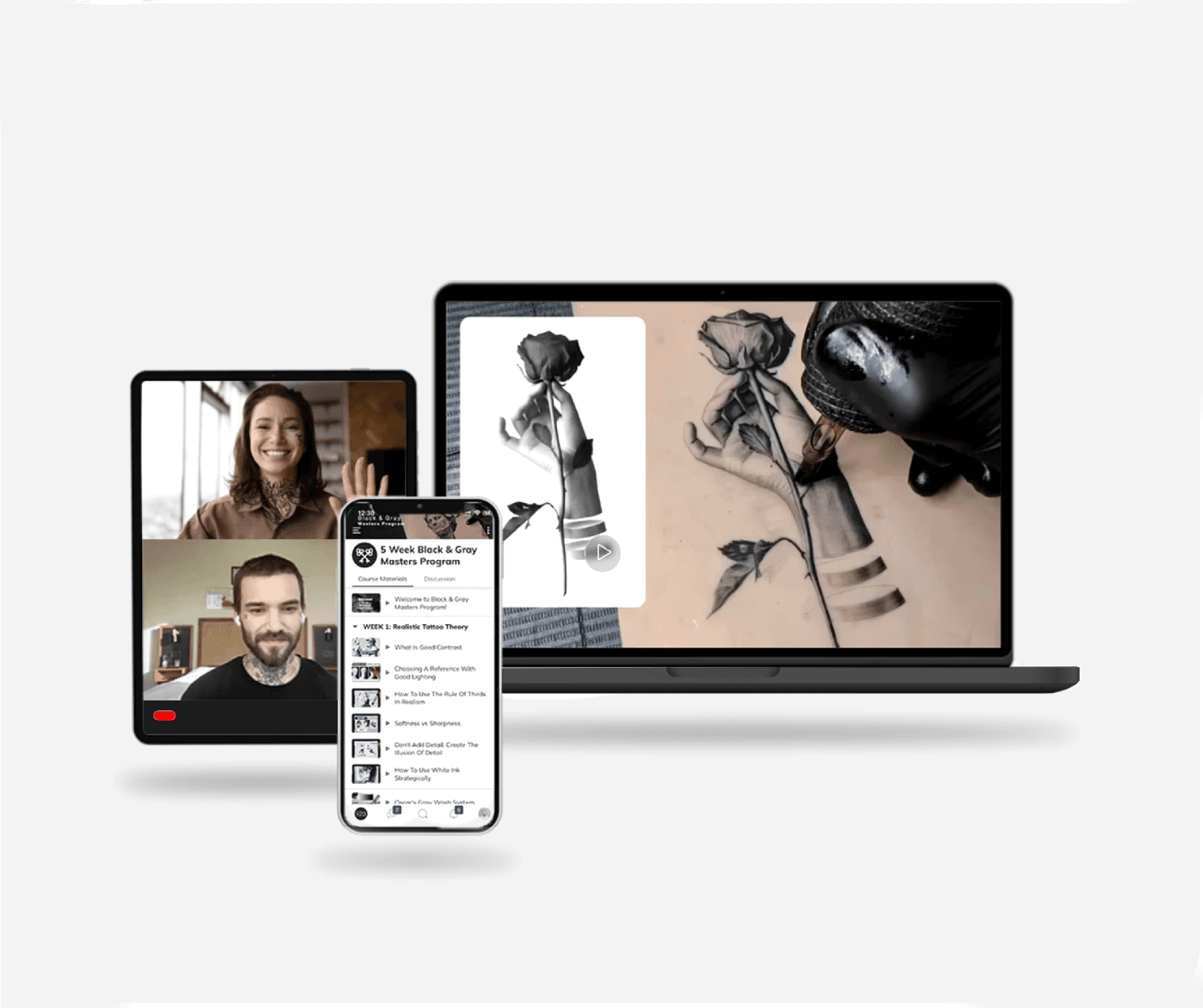 Tattoo education program displayed on laptop, tablet, and smartphone.