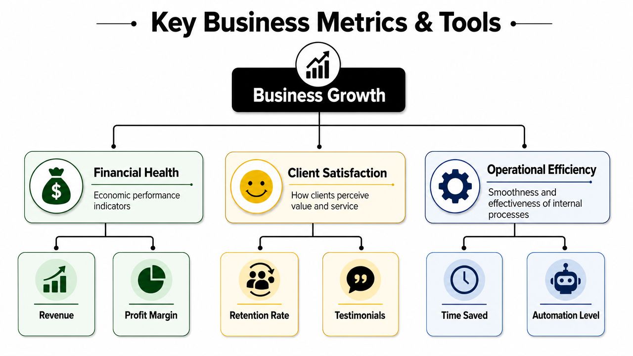A diagram outlining key business metrics including financial health, client satisfaction, and operational efficiency for growth.
