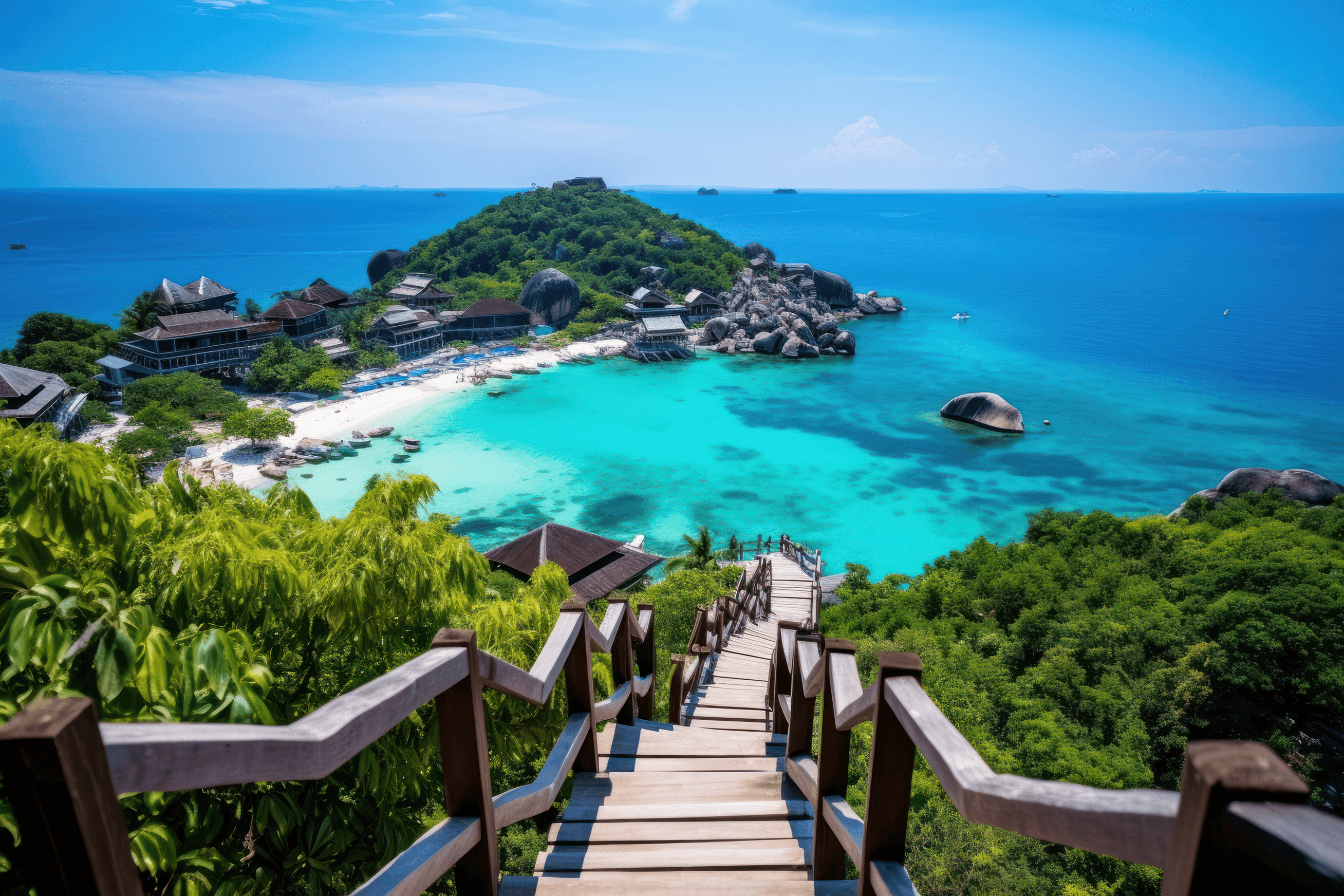 Wooden stairway leading down to a tropical island beach with turquoise water.
