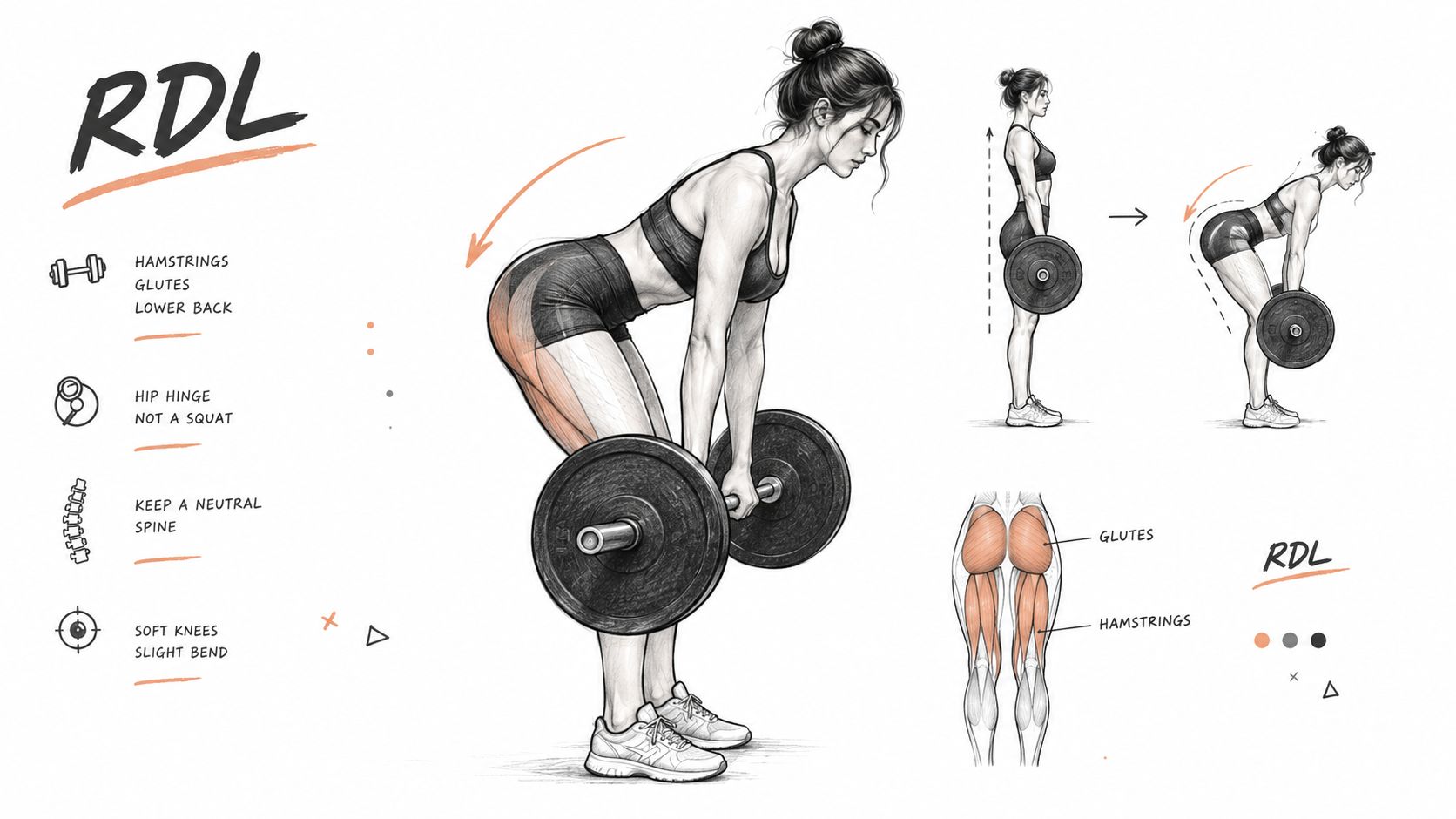 A detailed fitness guide illustrating the correct form and muscle engagement for the Romanian deadlift exercise.