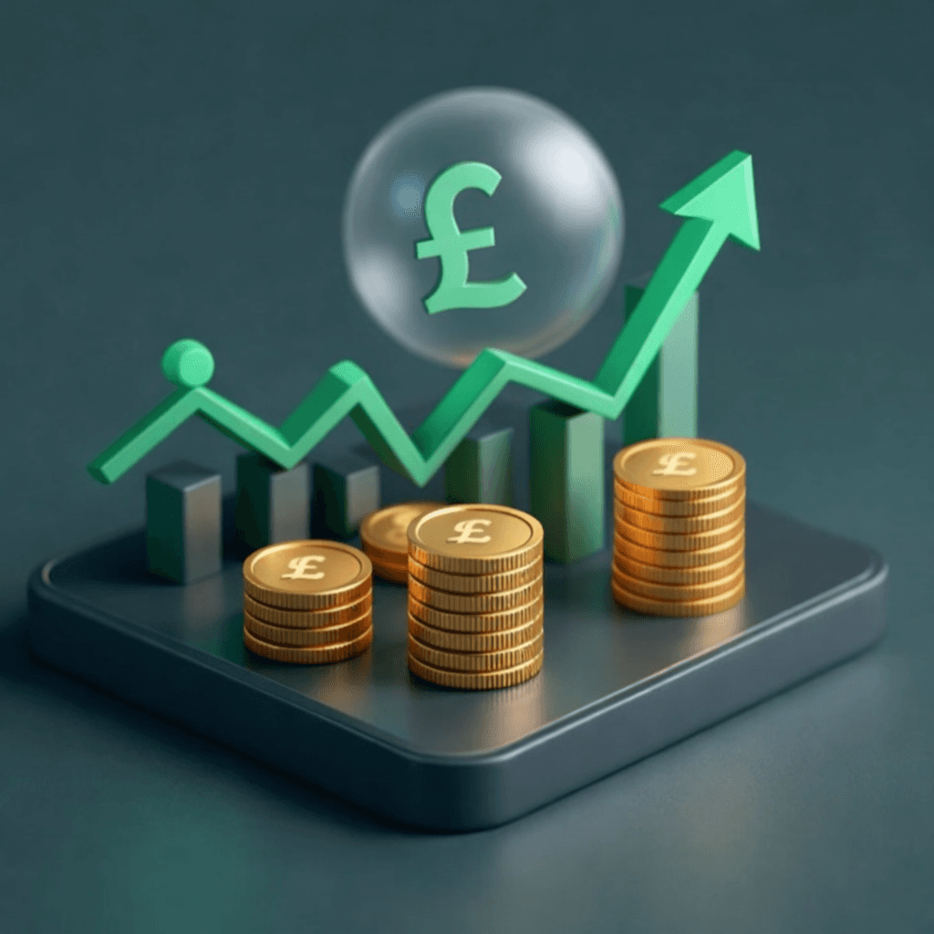 A 3D rendering of a green upward arrow with a pound sign inside a bubble above it, and stacks of gold coins below it.