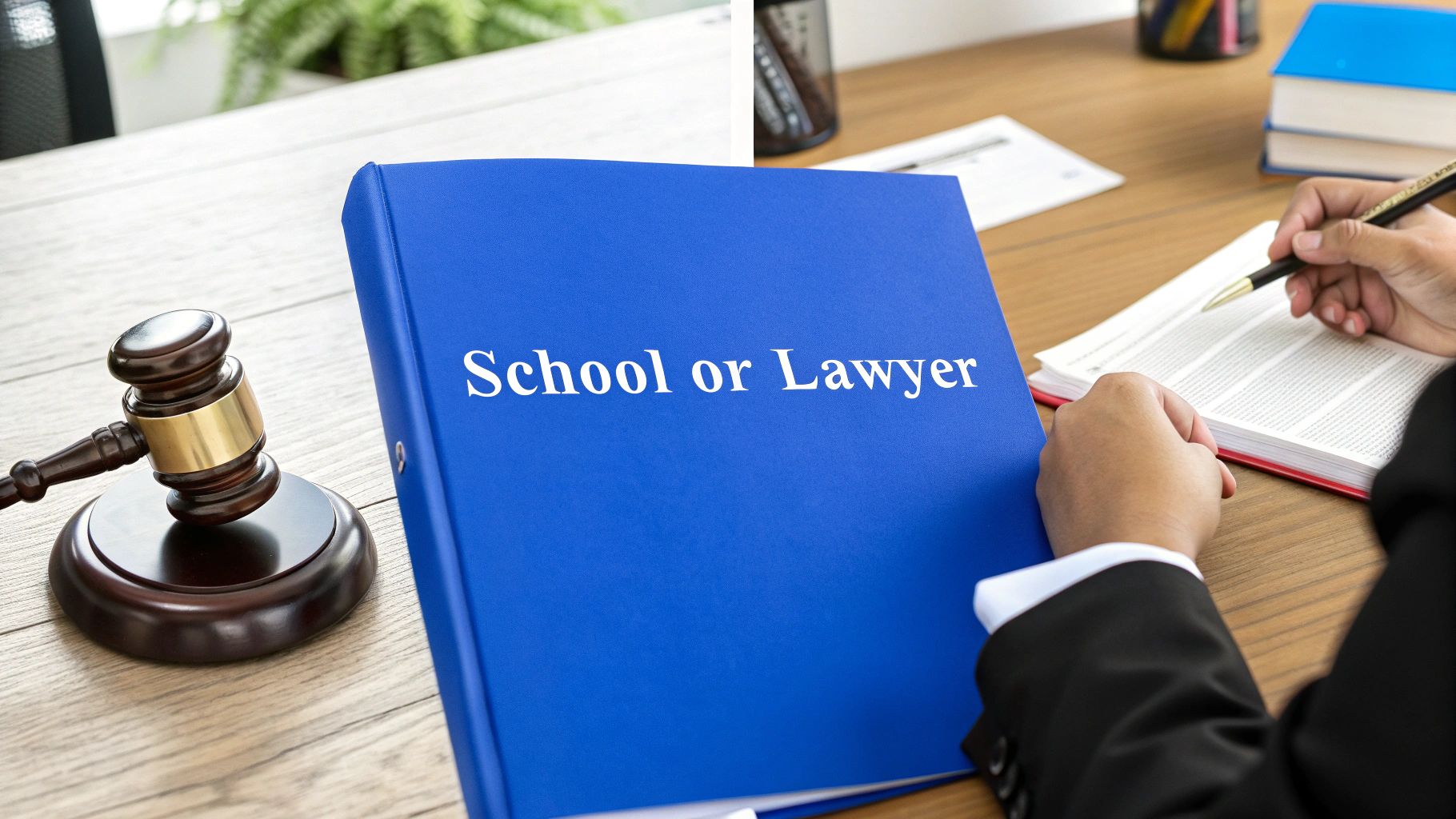 A person writes at a desk with a gavel and a binder titled 'School or Lawyer'.