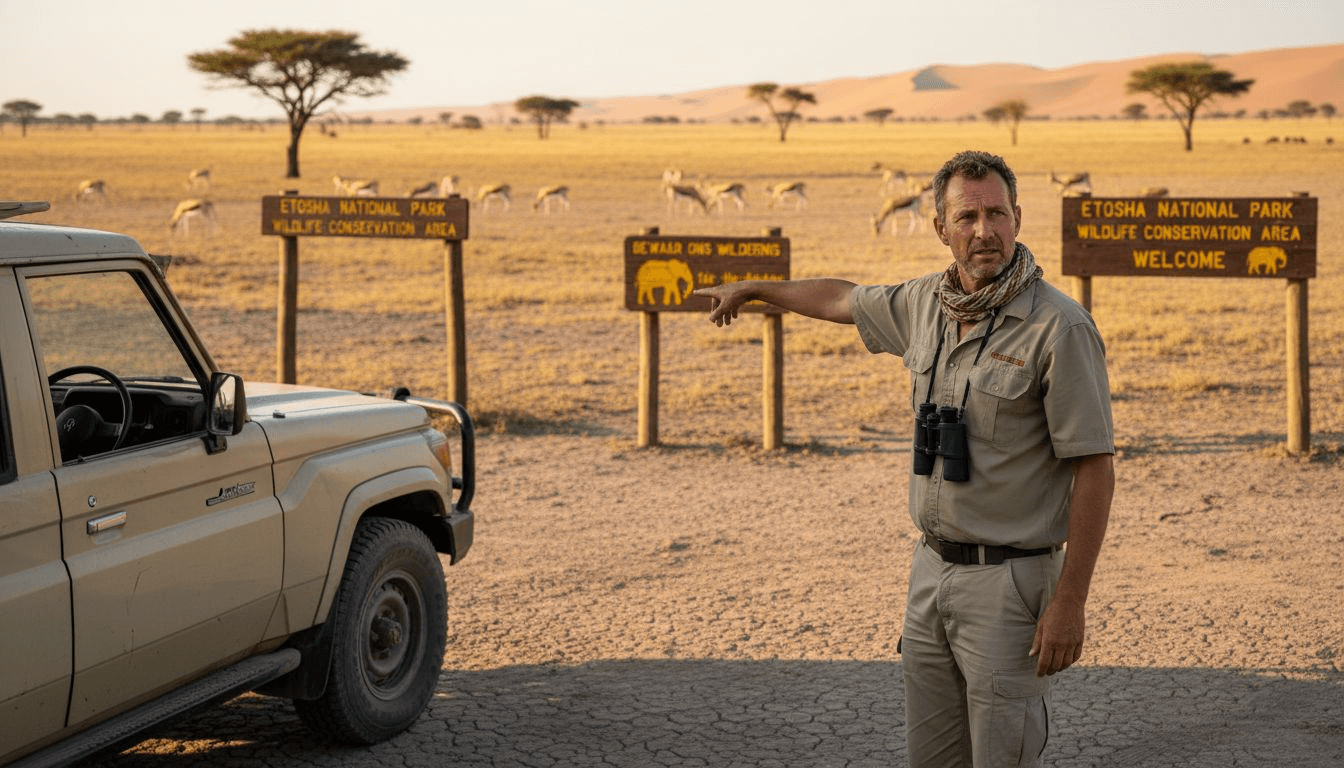 Namibian safari guide points out wildlife