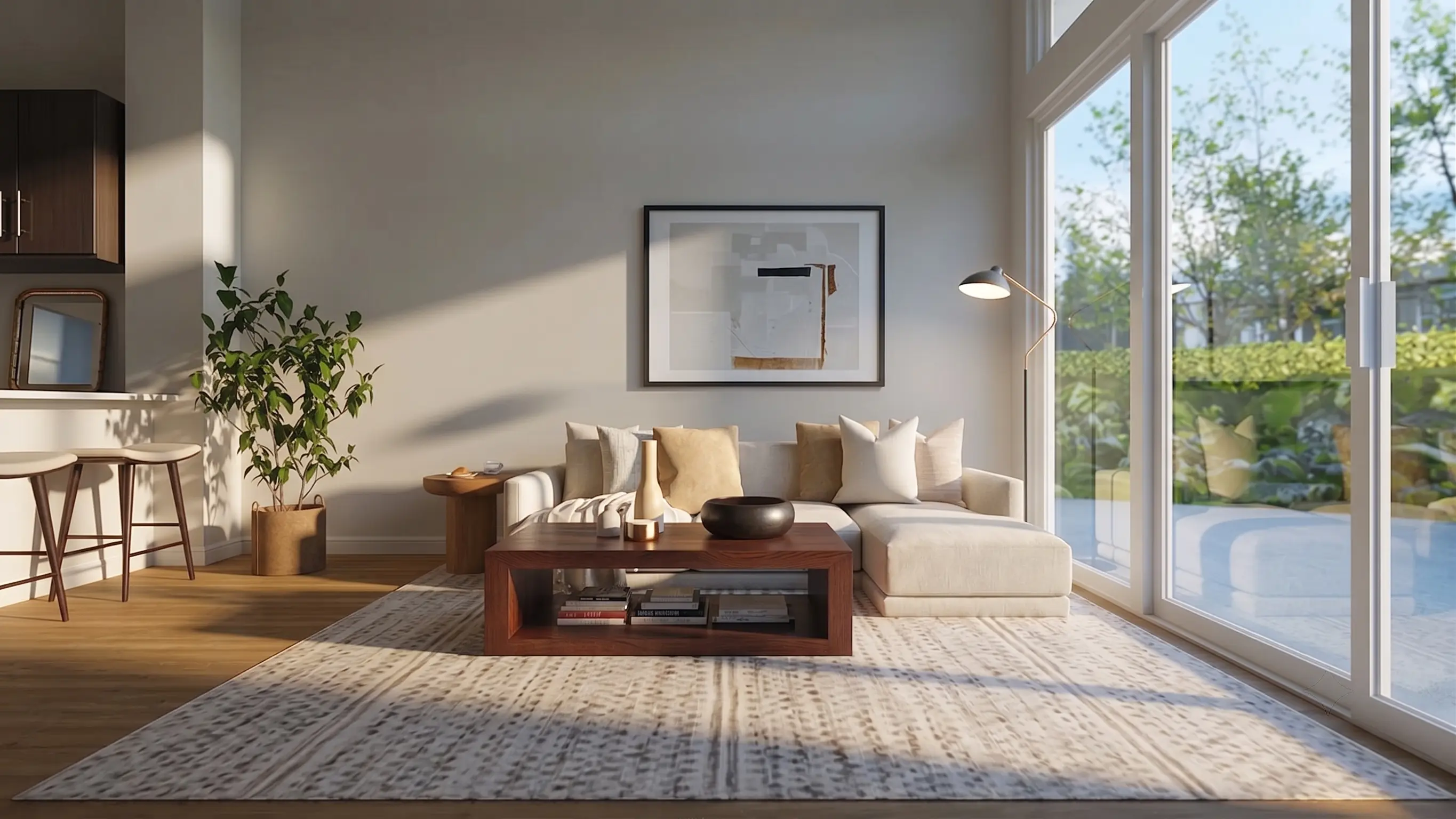 Modern living room with a beige sofa, wood coffee table, TV, and large glass doors to a garden.