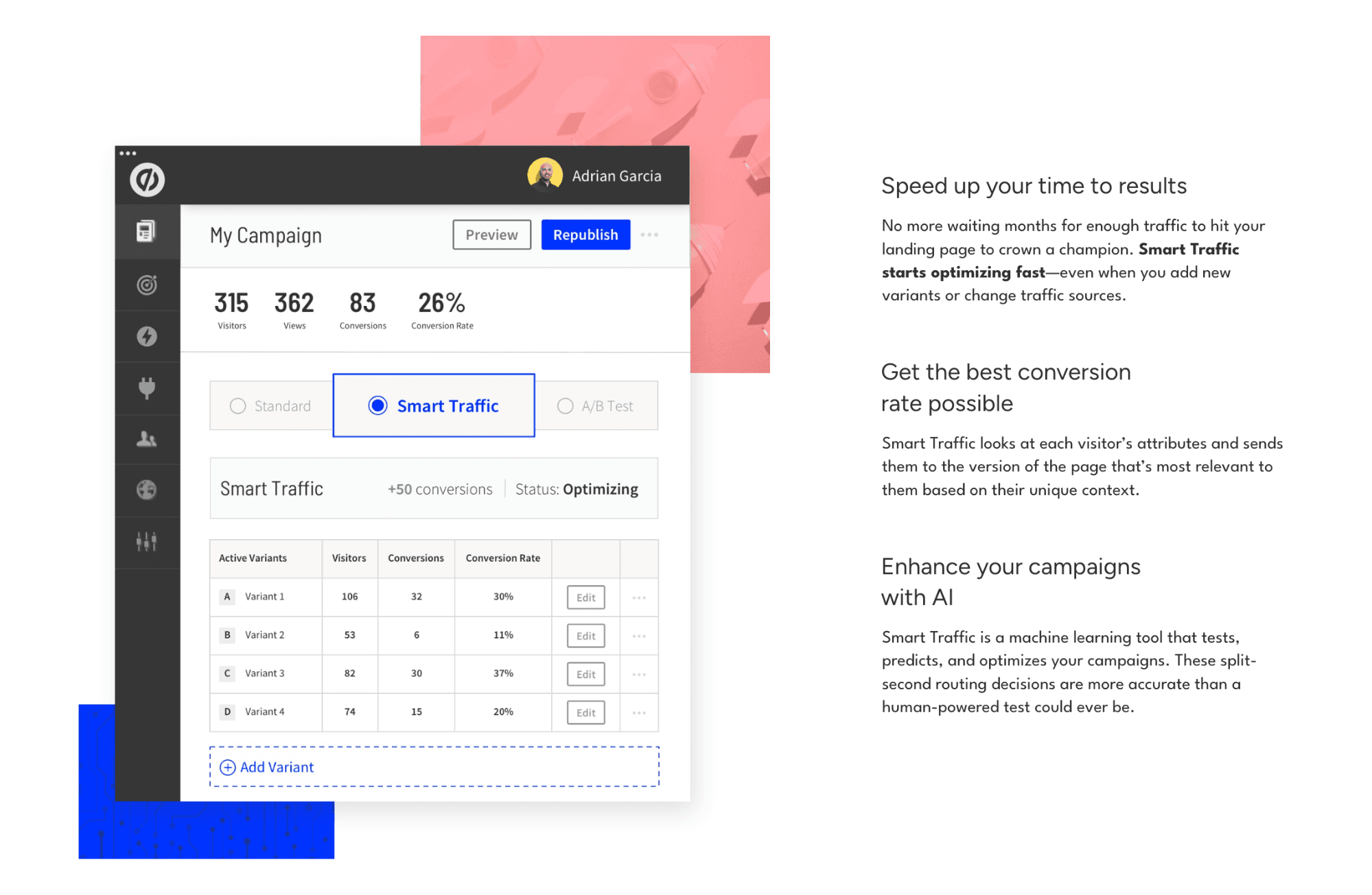 Unbounce Smart Traffic AI optimization routing visitors to best-performing variants
