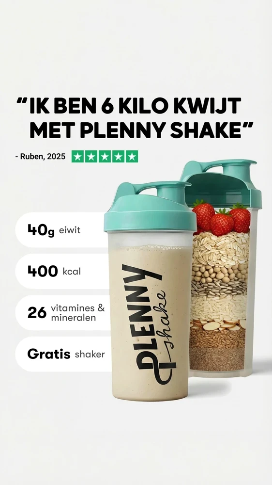 Ik ben 6 kilo kwijt met Plenny Shake" - klantrecensie met shaker en ingrediënten, 40g eiwit, 400 kcal, 26 vitamines & mineralen
