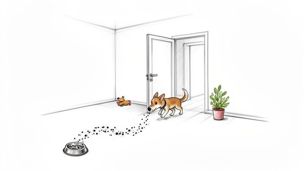 A cartoon dog sniffs a trail of kibble leading from an empty food bowl in a sparse room.