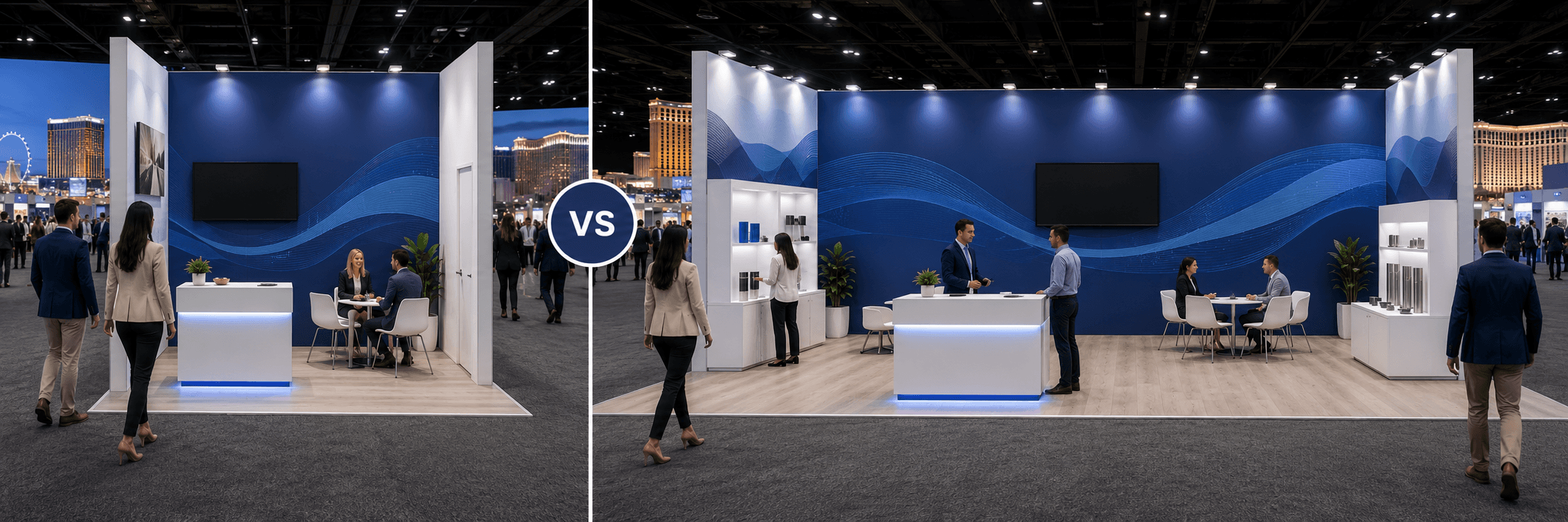 20x20 and 20x30 booth rental comparison in Las Vegas showing visitor flow, demo counter, meeting area, branded graphics, storage, and installation sequence