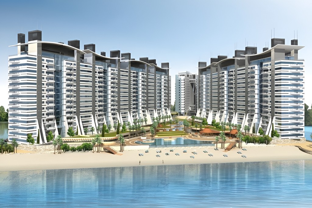 Artist's rendering of Oceana Residences, showcasing a modern apartment complex with sleek architecture and landscaped surroundings.